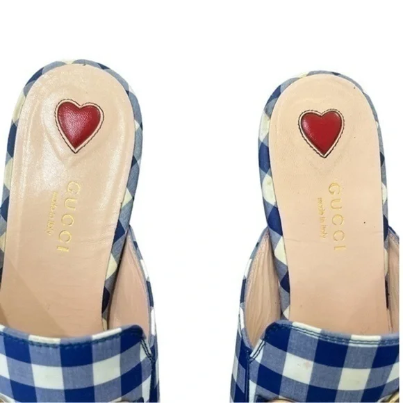 GUCCI Princetown White and Blue Gingham Loafer Mules Size 37.5 - Picture 3 of 7